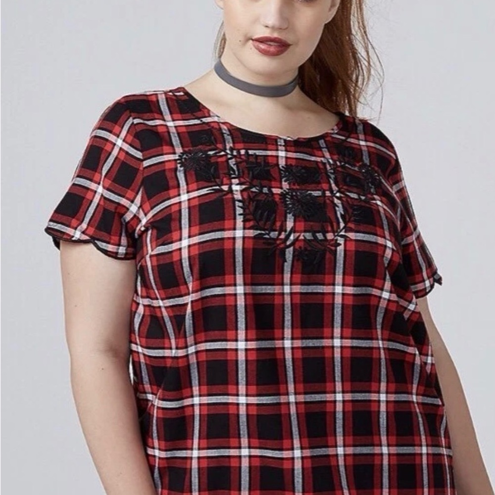 Lane Bryant Fast Lane Plaid Peasant Top Black Floral Embroidered Women’s 24 3X